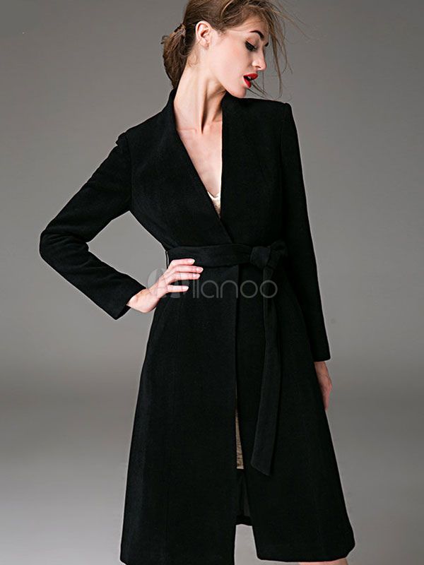 Black Women Coat Casual Long Sleeves V Neck Sash Winter Coats | Milanoo