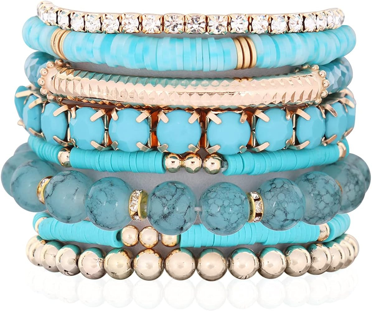 Multi Color Stretch Beaded Stackable Bracelets - Layering Bead Strand Statement Bangles | Amazon (US)