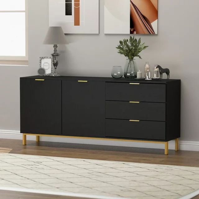 Modern Sideboard Buffet Storage Cabinet with 3 Drawers and Door for Living Room Black - Walmart.c... | Walmart (US)