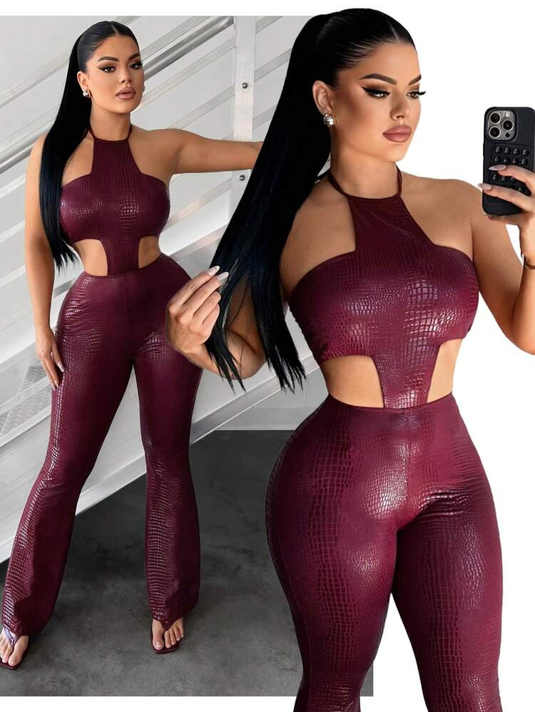 SHEIN SXY Sleeveless Halter Knot Detail Unitard In Alligator Pattern For Women Sexy Burgundy Cropped Knitted Fabric Style, Sexy Jumpsuit, Cut Out Jumpsuit, Halter Neck Jumpsuit, Women Jumpsuit,Red ,Club ,Sexy ,Party | SHEIN