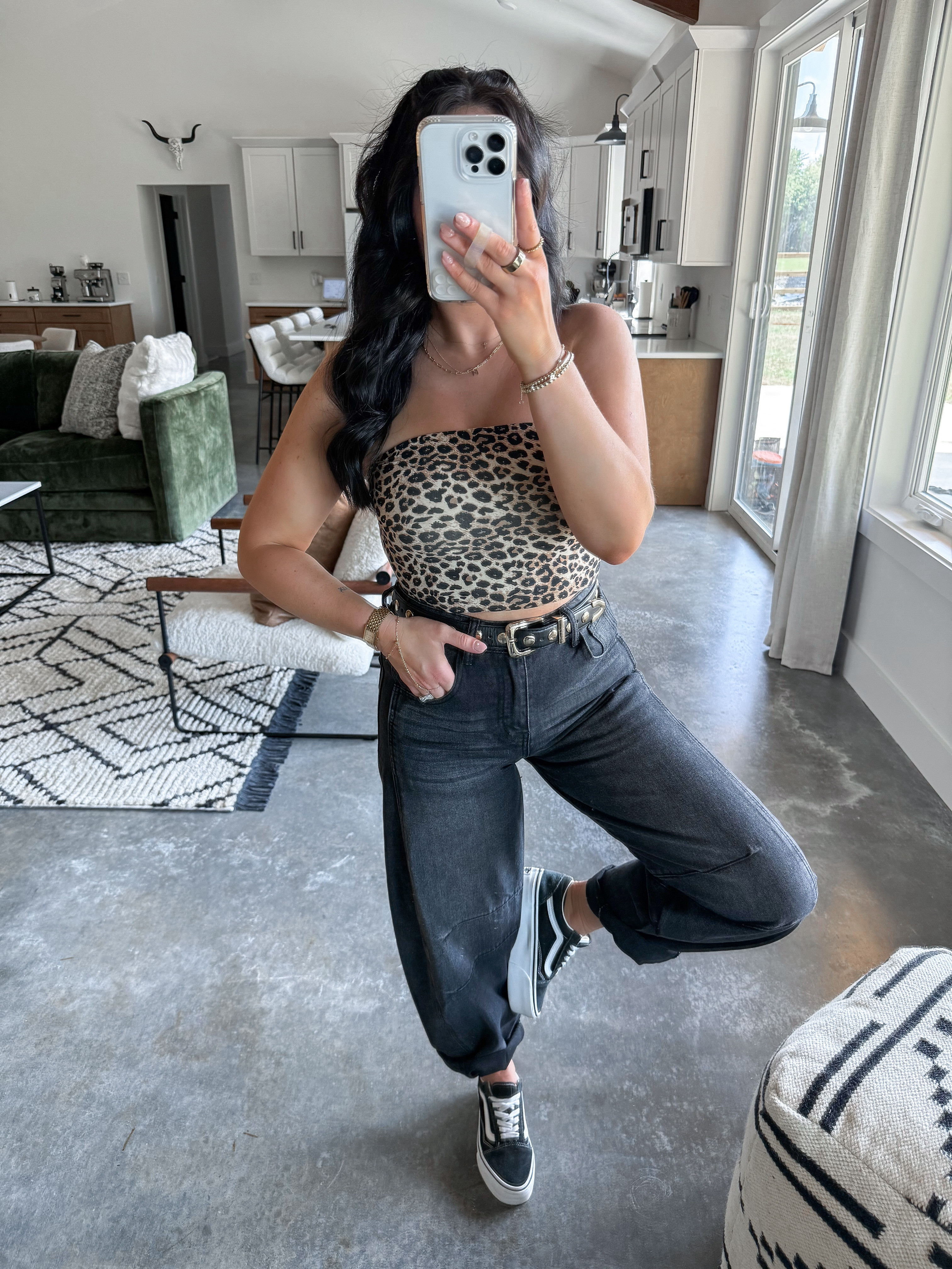 Tube Top - small (It's full length, I just tucked the excess up into the band of my bra, but you could tuck it into the jeans if you don't like the cropped look!)
Jeans - 4
Belt - 27-31

Edgy but super simple and casual! 👏🏼 I have these barrel jeans in the leopard print and love them so much, so I grabbed the black too! This black pair definitely has a wider barrel leg compared to the leopard print, but I still love the fit! Finished the looked with this leopard print tube top (I have it in a few other colors - it's such a great basic!), this black and gold belt & my platform vans sneakers! Such a good casual OOTD. 🖤

 

 #LTKFindsUnder50 #LTKFindsUnder100 #LTKStyleTip
