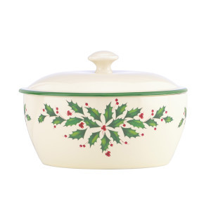 8" Creamy White, Green, and Red Kitchen Collections Hosting The Holidays Covered Casserole | Christmas Central