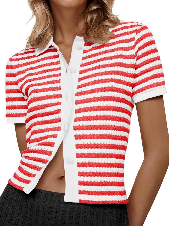 Saodimallsu Womens Striped Short Sleeve Sweater Tops Polo Collared Button Crochet Summer Cropped ... | Amazon (US)