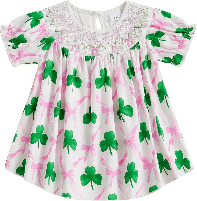 Toddler Baby Girl St Patricks Day Outfit Clover Smocked Dress Short Sleeve Bow Shamrock Dress Iri... | Amazon (US)