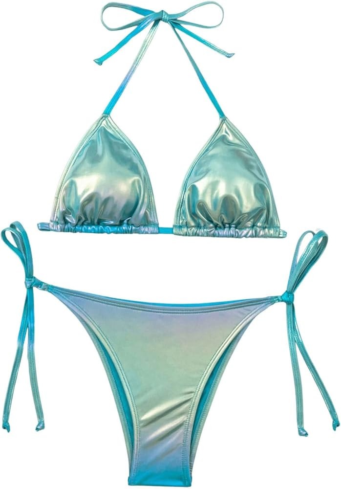 SOLY HUX Women's Metallic Halter Top Two Piece Swimsuit Tie Side Triangle Bikini Solid Cadet Blue... | Amazon (US)