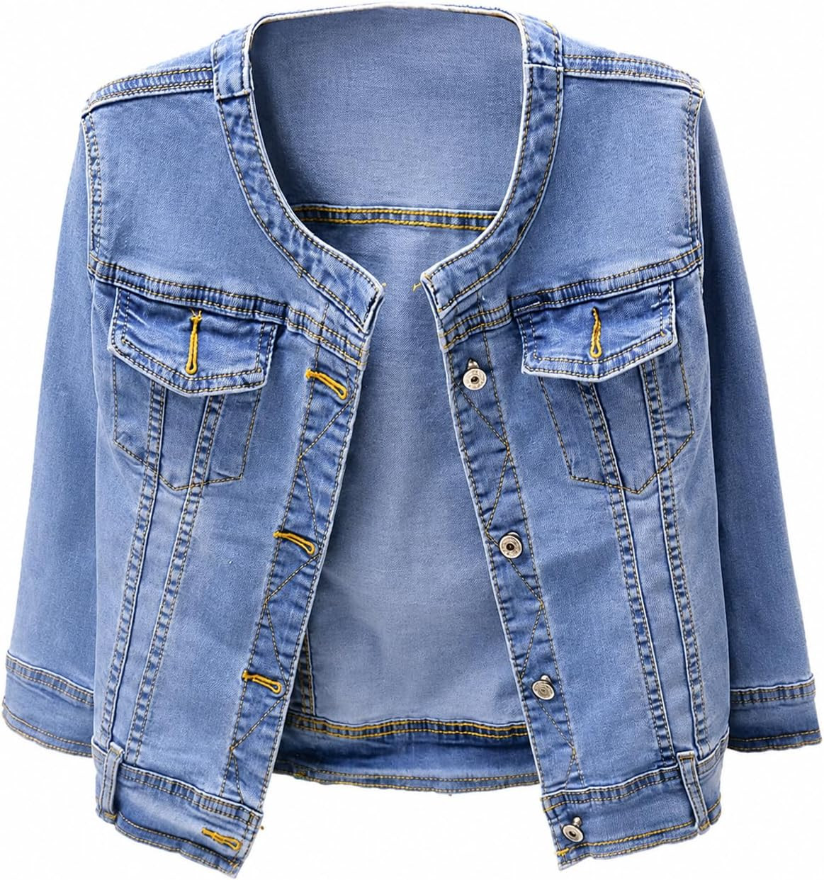 Stretchy Denim Jacket for Women Collarless 2026 Cardigan 3/4 Sleeve Crew Neck Crop Jean Jackets | Amazon (US)