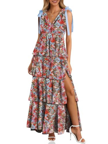 Wenrine Womens Summer Floral Maxi Dress Tie Strap Sleeveless V Neck High Slit Boho Ruffle Tiered Beach Dresses Orange | Amazon (US)