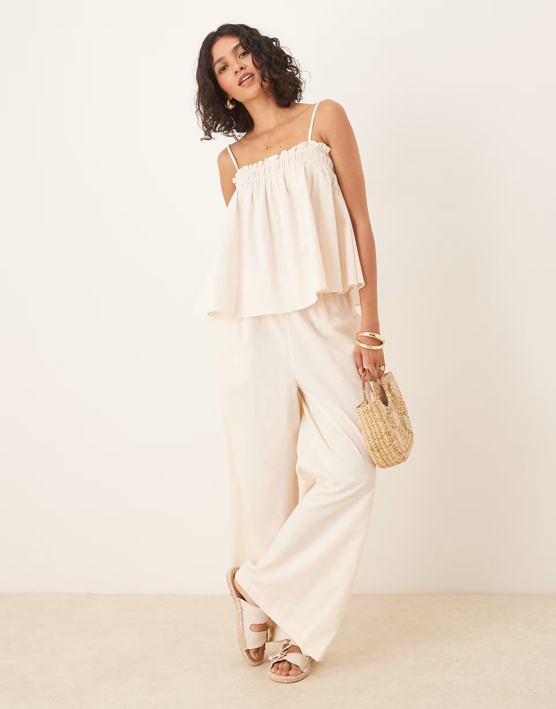 ASOS DESIGN shirred cami top & shirred waist pull-on pants set in cream | ASOS (Global)