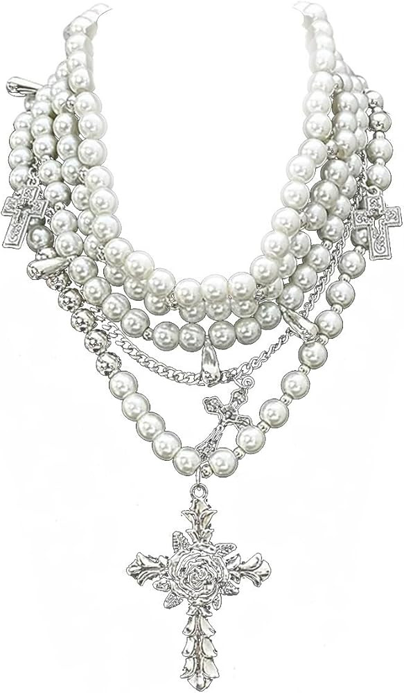 Layered Pearl Necklace Gothic Cross Pearl Stacked Necklace for Women | Amazon (US)