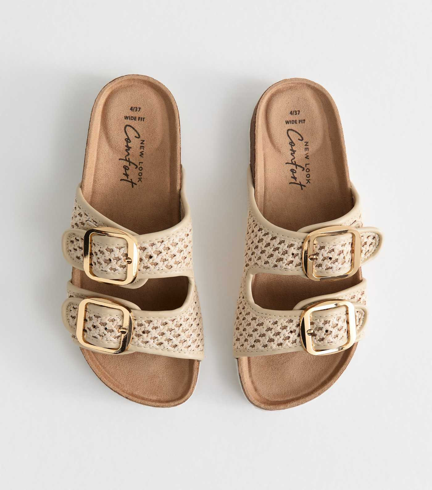 Wide Fit Cream Raffia Look Double Strap Sandals | New Look | New Look (UK)