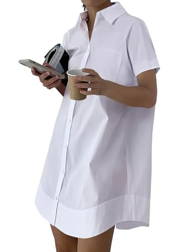 Rooscier Women's Casual Shirt Dress Collar V Neck Button Down Short Sleeve Loose Mini Dresses White X-Small | Amazon (US)