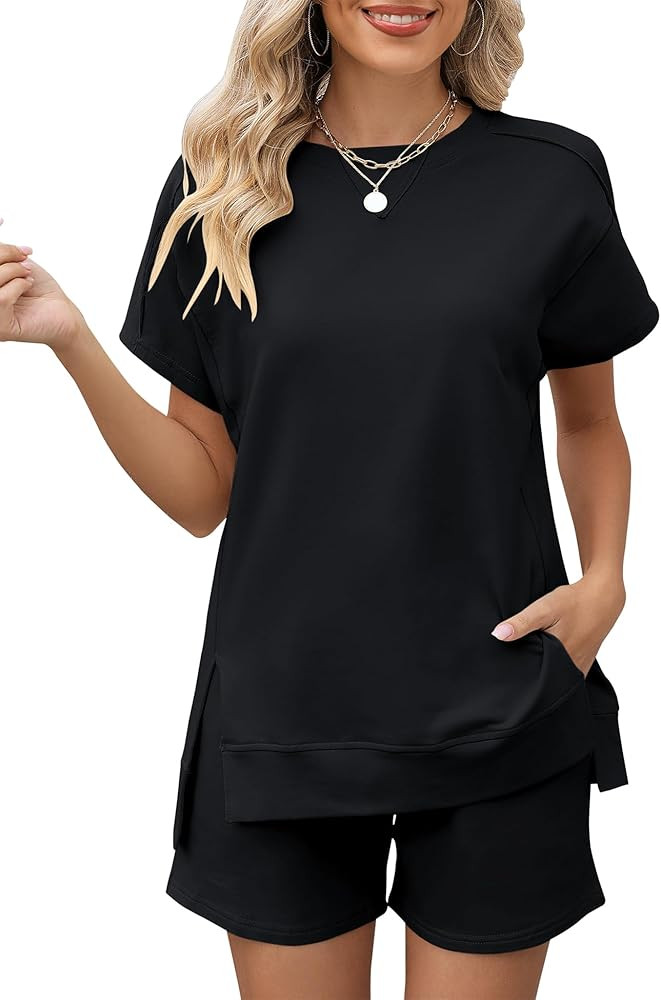 LOMON Womens Fashion 2 Piece Outfits Sweatsuits 2026 Summer Short Sleeve Loungewear Tracksuit Rou... | Amazon (US)