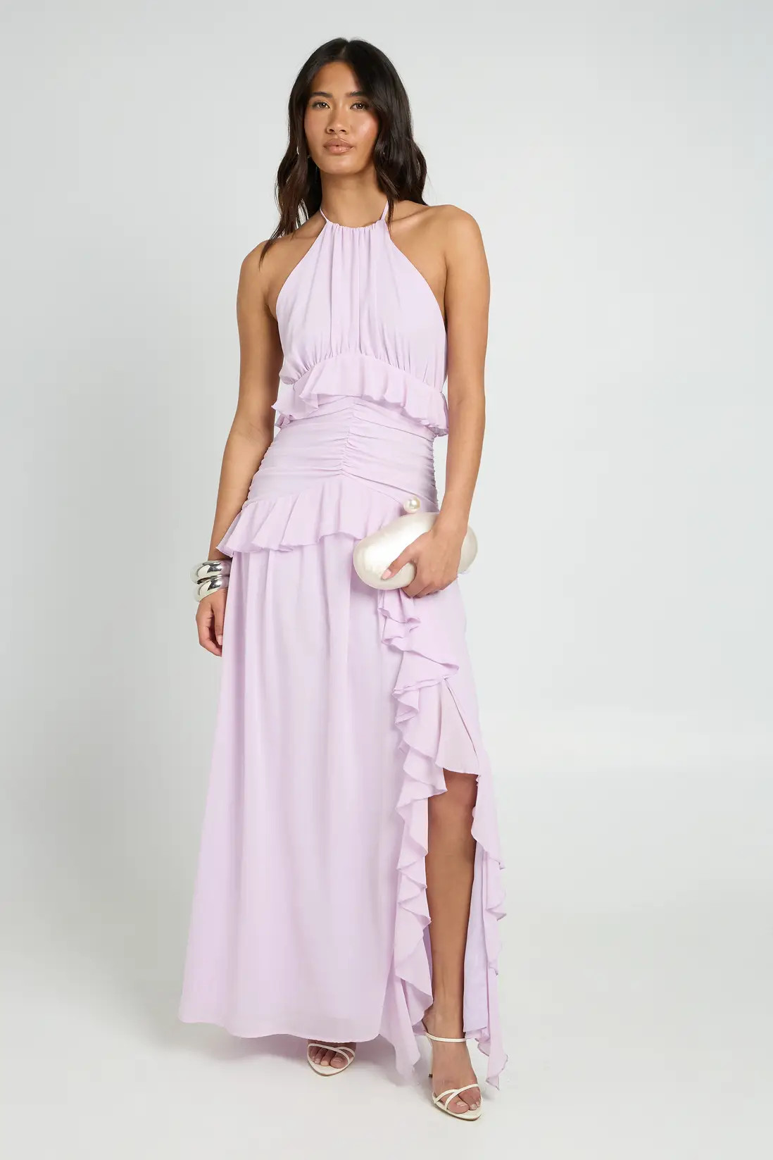 Lilac Halterneck Chiffon Ruffle Detail Maxi Dress | Boohoo USA | boohoo (US & Canada)