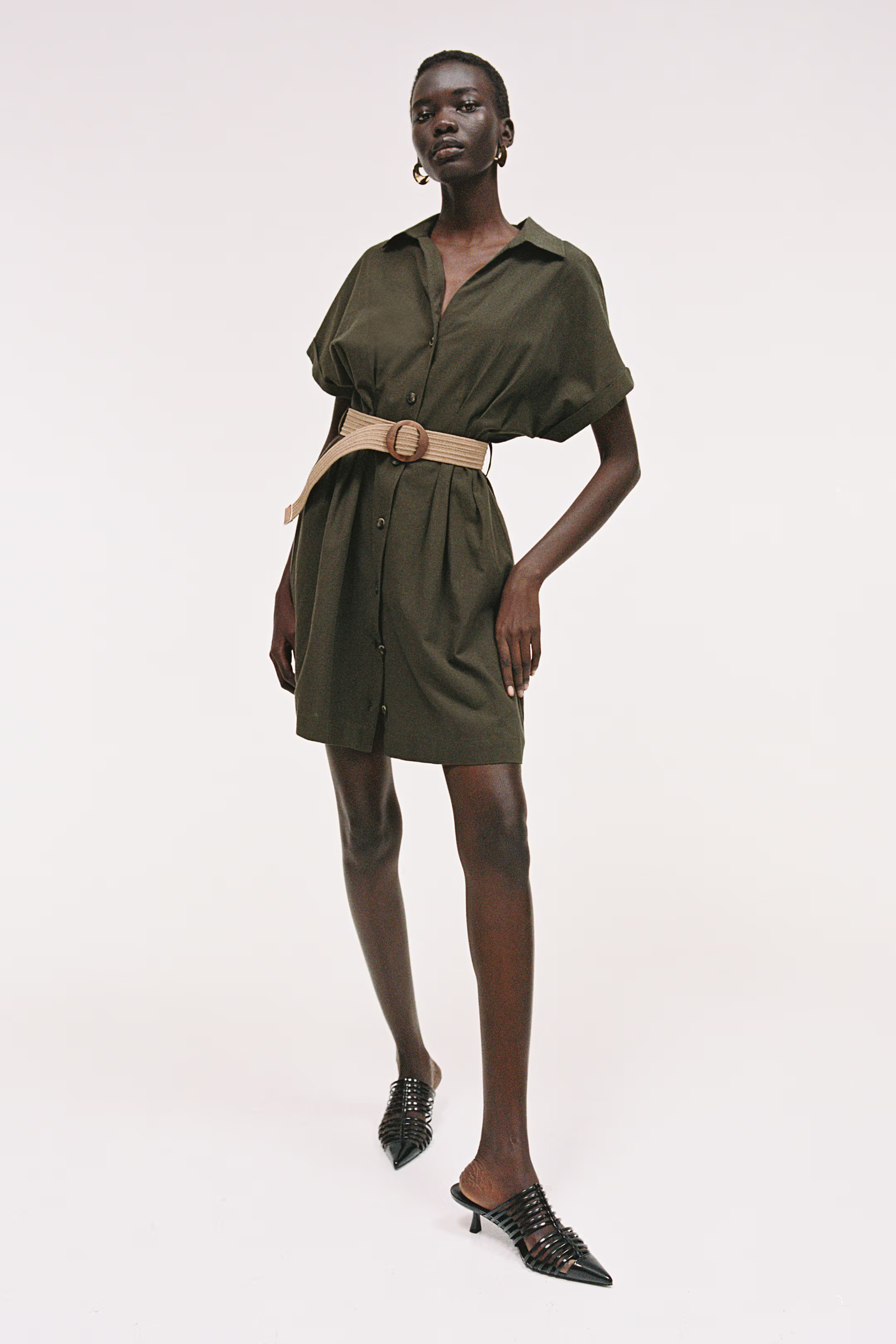 Shirt Dress with Belt - Dark khaki green - Ladies | H&M US | H&M (US + CA)