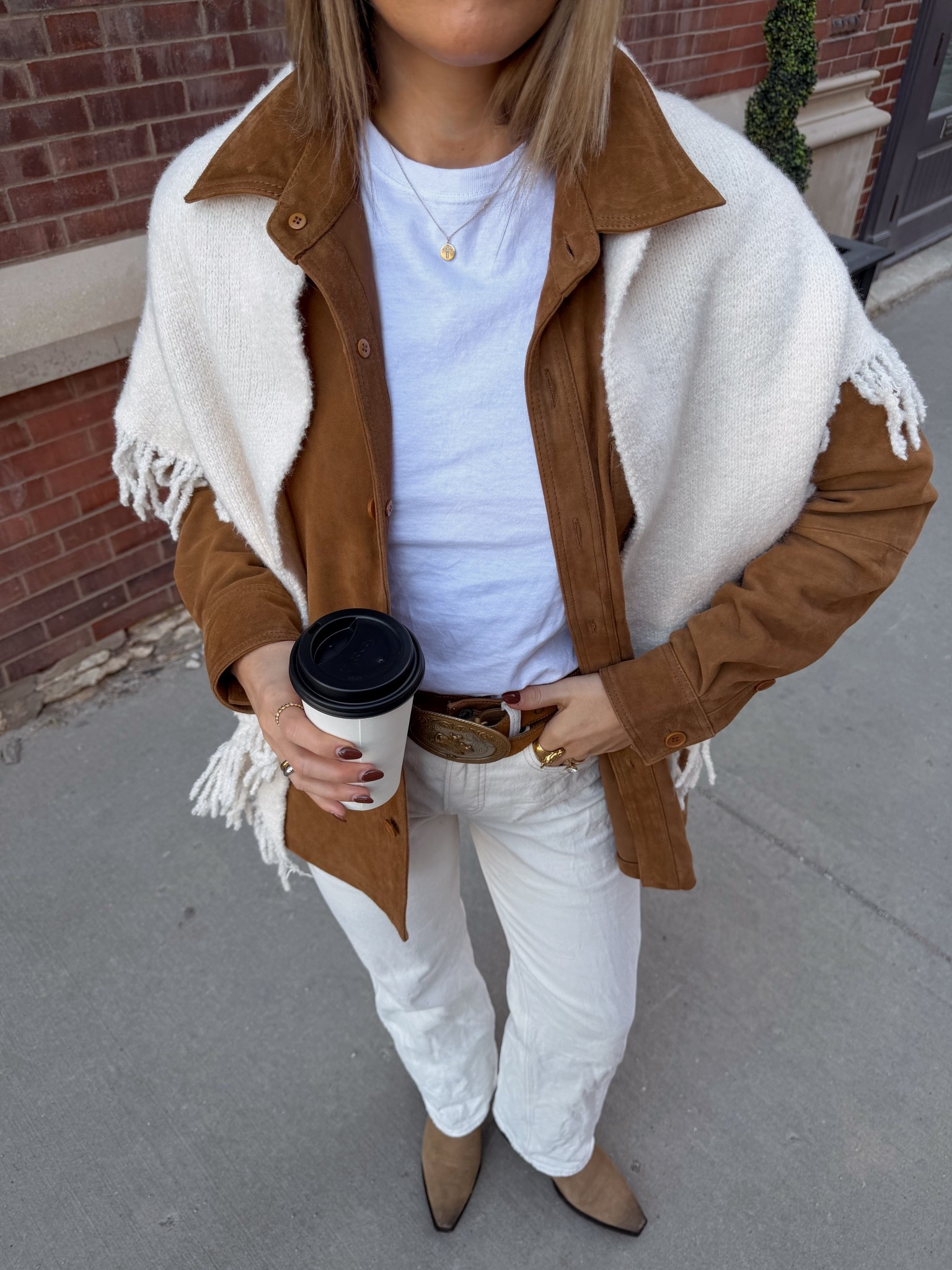 100% suede top in a small, tee in a small, belt is a vintage find, linked similar on ebay! fringe scarf from amazon, size down half size in tecovas. my jeans are almost sold out, but linked the blue denim version! 

easy western fashion 

#LTKTall #LTKFestival #LTKSeasonal