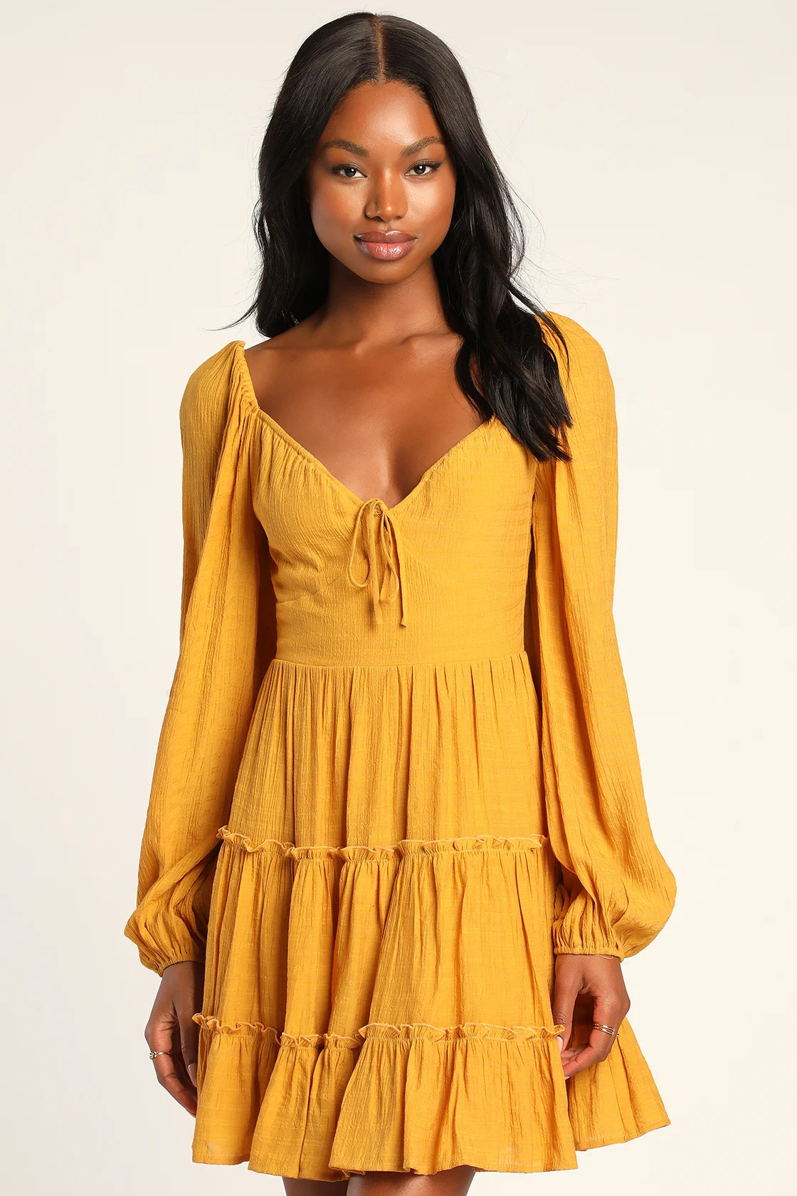 Tender Memories Yellow Tiered Ruffled Balloon Sleeve Mini Dress | Lulus (US)