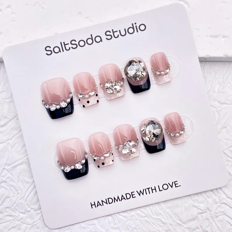Dots Crystal Handmade Press on Nails: Light Pink, Short Square, Black French Tip - Etsy | Etsy (Global)