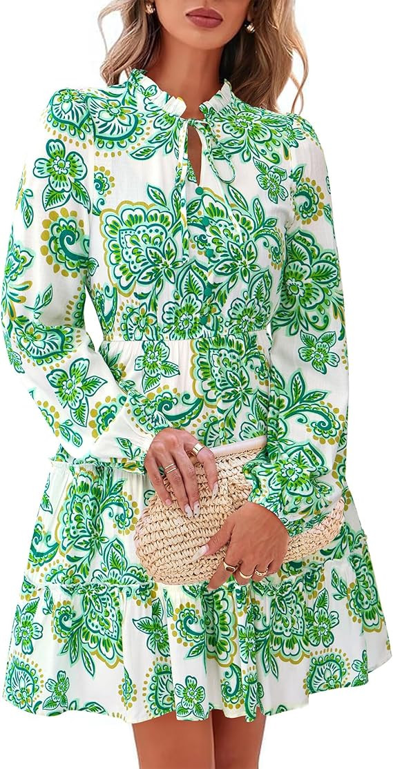 BTFBM Women Spring Dresses 2026 Floral V Neck Long Sleeve Tiered Ruffle Boho Swing Flowy A-Line M... | Amazon (US)