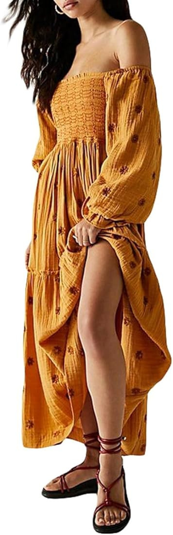 Willow Dance Women Casual Bohemian Floral Dress Square Neck Ruffle Swing A Line Dress Long Sleeve... | Amazon (US)