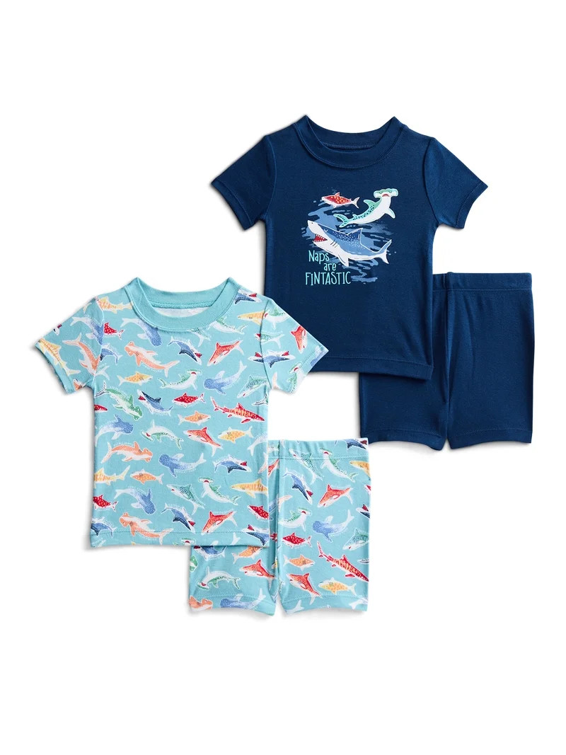 Wonder Nation Toddler Boys Short Sleeve Tee and Shorts Cotton Tight Fit Pajama Set, 4-Piece, Size... | Walmart (US)