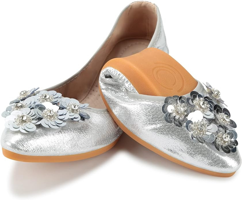 KUNWFNIX Women Ballet Flats Rhinestone Wedding Ballerina Shoes Foldable Sparkly Comfort Slip on F... | Amazon (US)