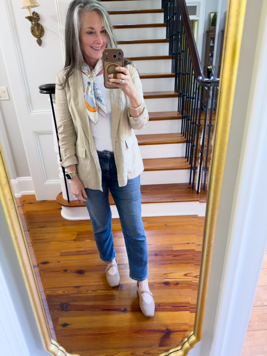 I have this Nordstrom tank in white, black and grey! Size medium. They are perfect! Linen blazer from Quince and Vivaia flats. Jeans are several years old from Chico’s. Love Chico’s jeans!!! Size up 1/2 size in shoes!!!