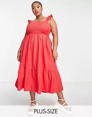 New Look Curve tiered midi dress with ruffle sleeves in red | ASOS (Global)