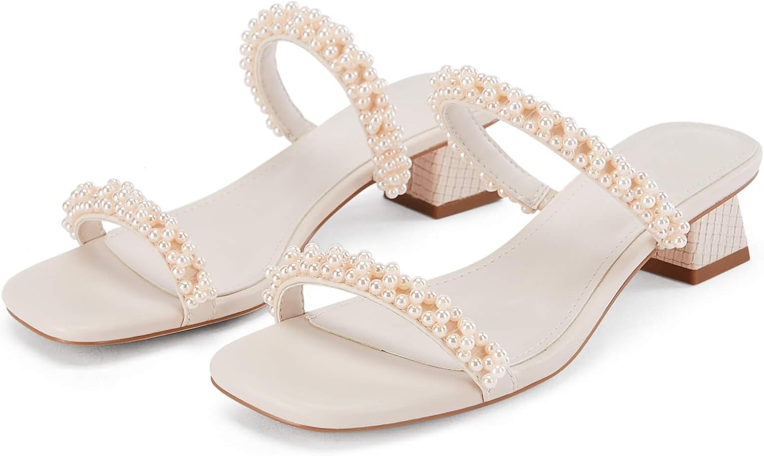 Womens Pearl Square Open toe Heels Sandals Chunky Low Heels Two Band Backless Slides Summer Weddi... | Amazon (US)