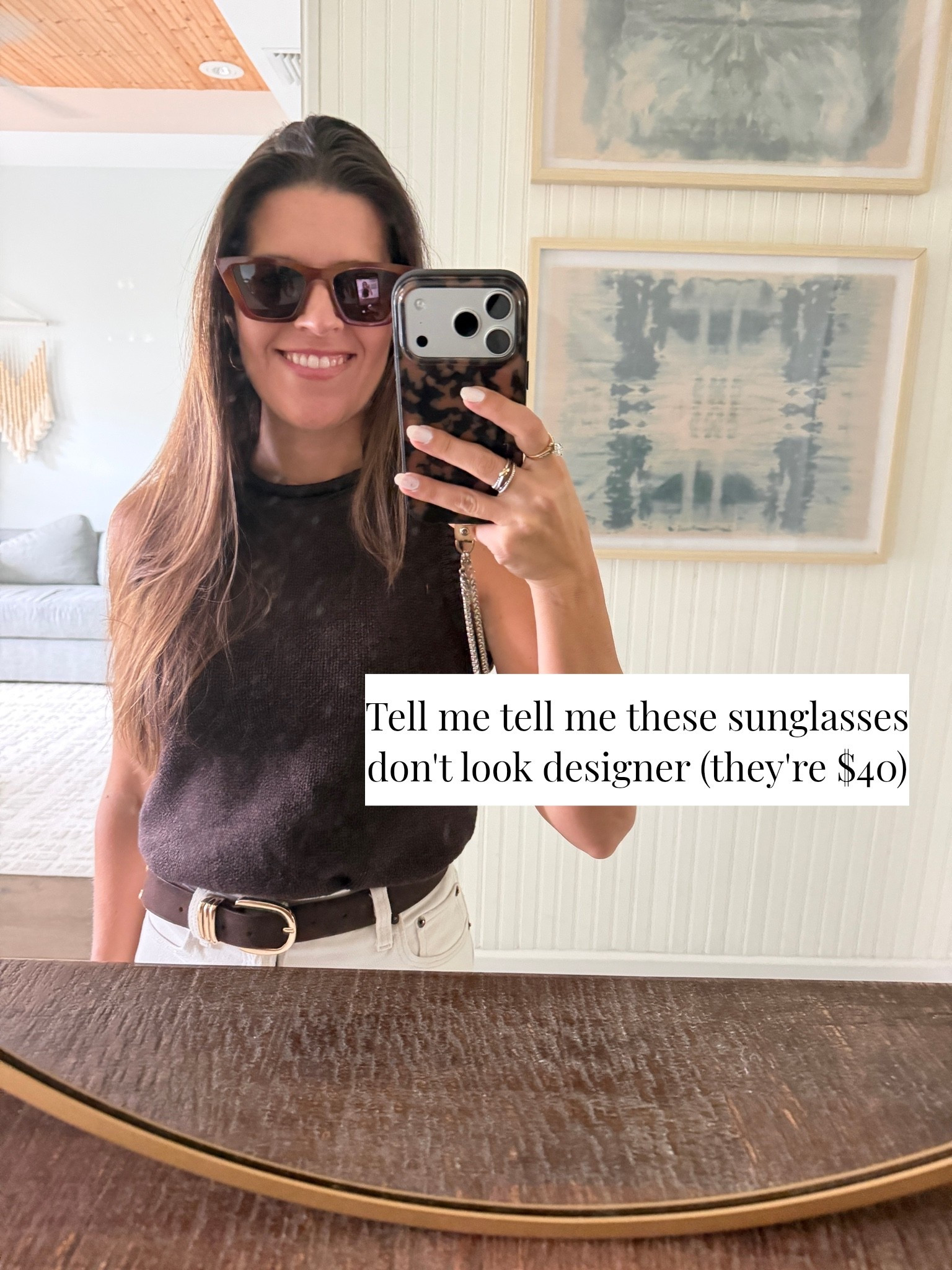 Fall transitional outfit for my warm climate gals. I love pairing a suede belt with a chocolate brown sweater tank for fall vibes even when it's 90 degrees still. 
Abercrombie - 100% cotton sweater - z supply - sunglasses - suede belt