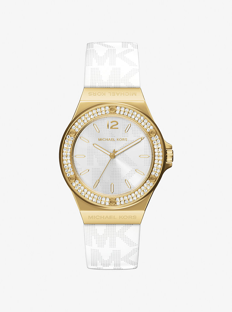 Lennox Pavé Gold-Tone and Logo Silicone Strap Watch | Michael Kors US