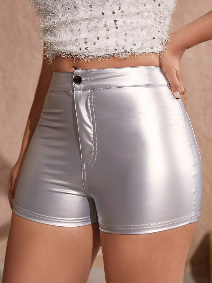 Apperloth A Rave Metallic Silver Dual Pocket Back PU Leather Skinny Mini Shorts | SHEIN