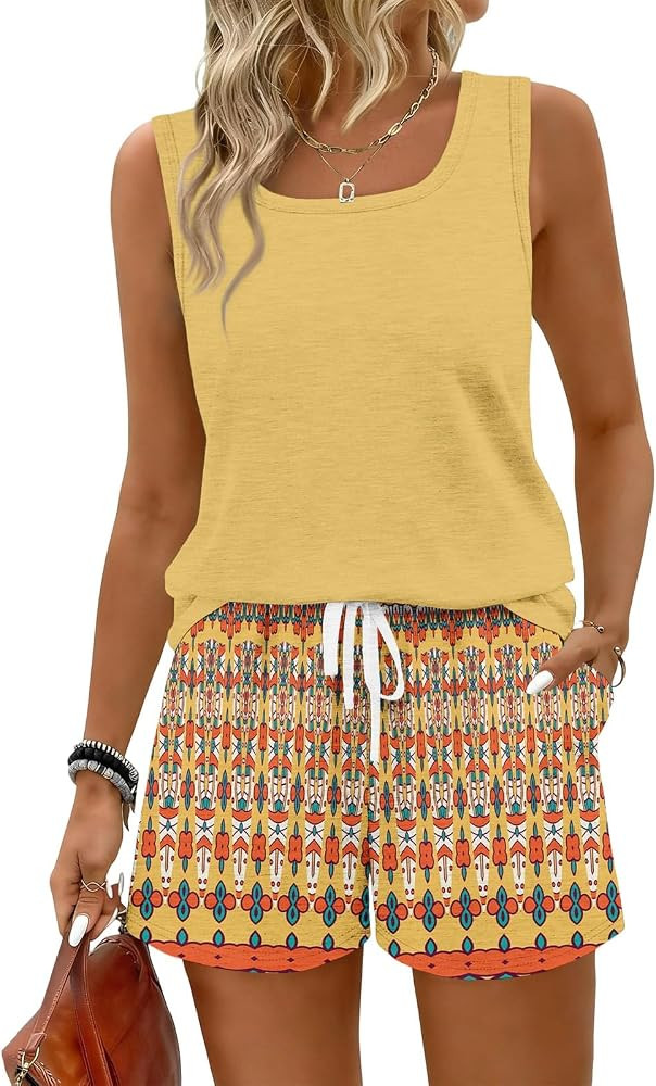 Shorts Sets For Women 2 Piece Sleeveless Round Neck Tank Tops And Shorts Sets Summer Casual Hawai... | Amazon (US)
