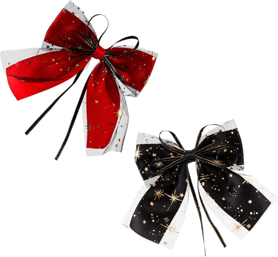 2PCS Christmas Snow Flake Hair Bows Package, Red Bow and Black Bow with Snowflake and Red Hair Ri... | Amazon (US)