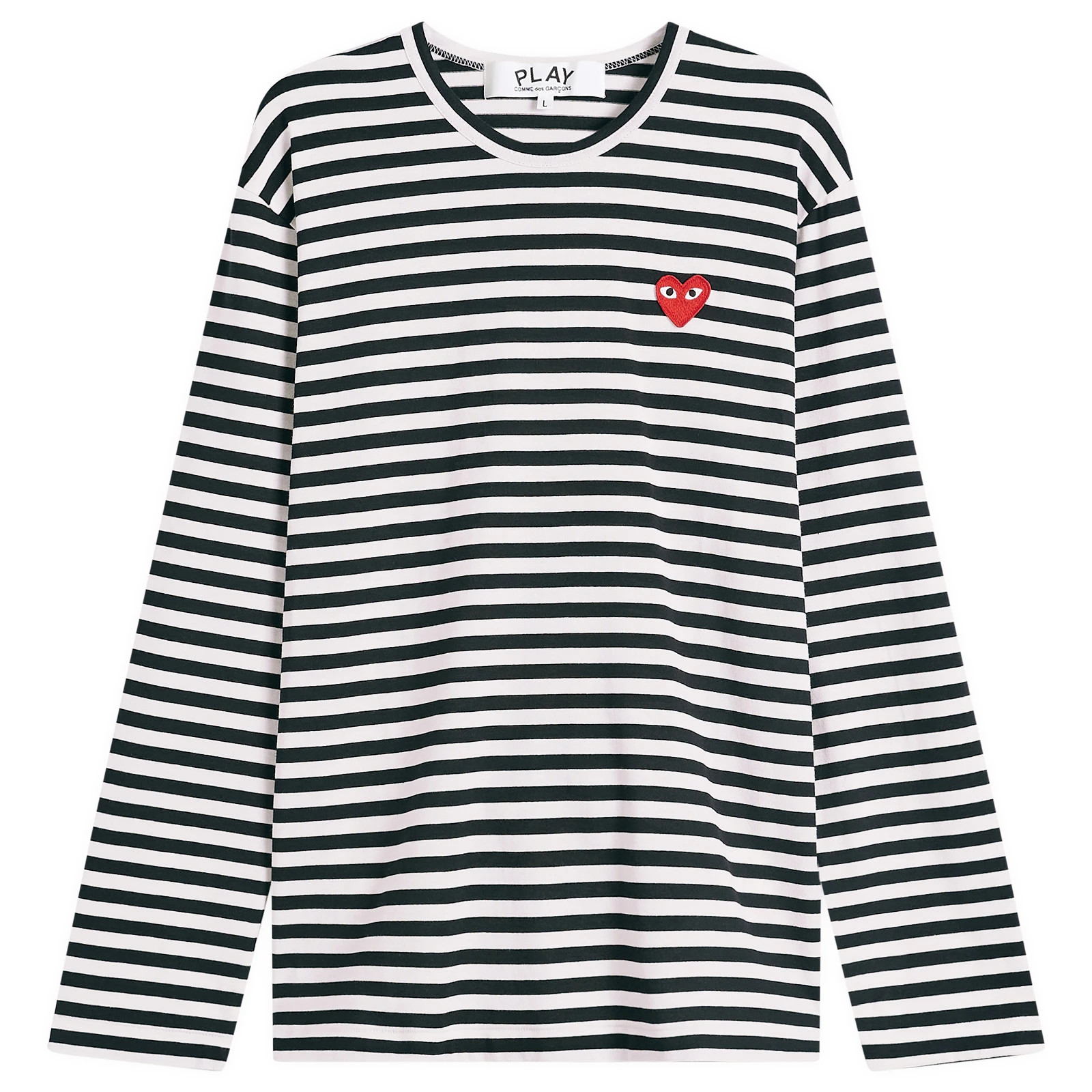 Comme des Garçons Play Men's Long Sleeve Heart Logo Stripe T-Shirt in Black/White, Size Medium | END. Clothing