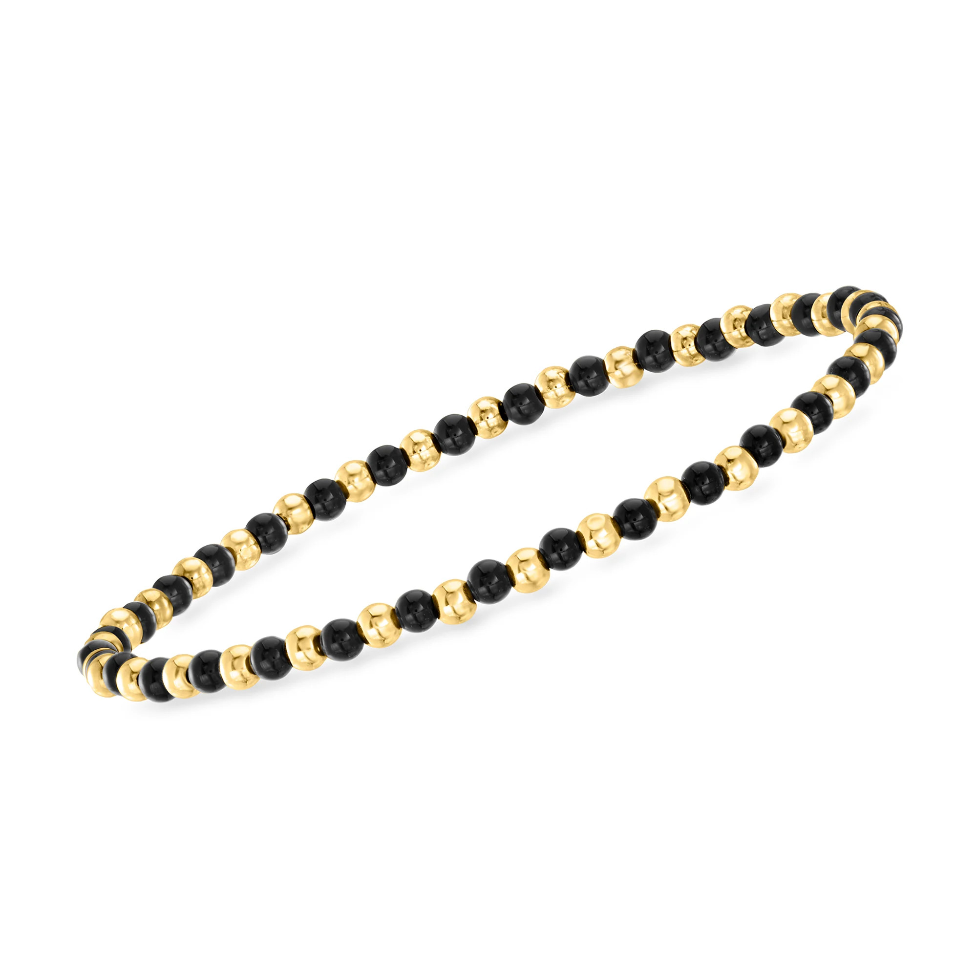 3mm Onyx and 10kt Yellow Gold Bead Stretch Bracelet | Ross-Simons