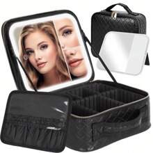 Travel Makeup Bag With Light Up Mirror With XX Magnifying Mirror And Adjustable Partitions Portable Makeup Storage Box With Color Lights For Cosmetic | SHEIN