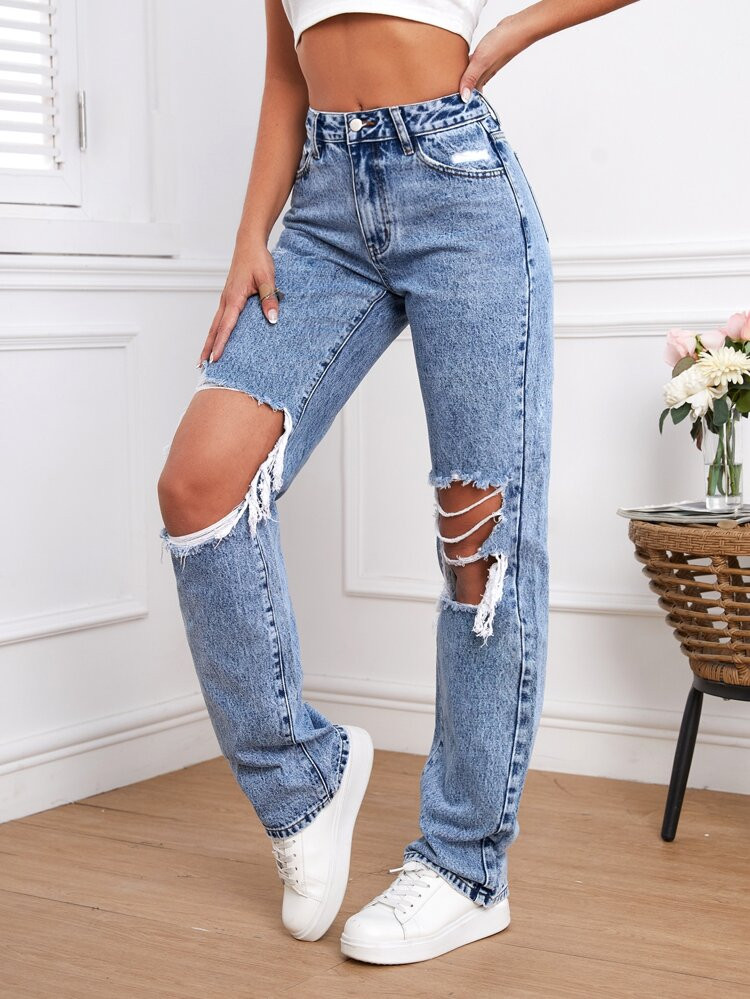 SHEIN Tall Cut Out Ripped Frayed Straight Leg Jeans | SHEIN