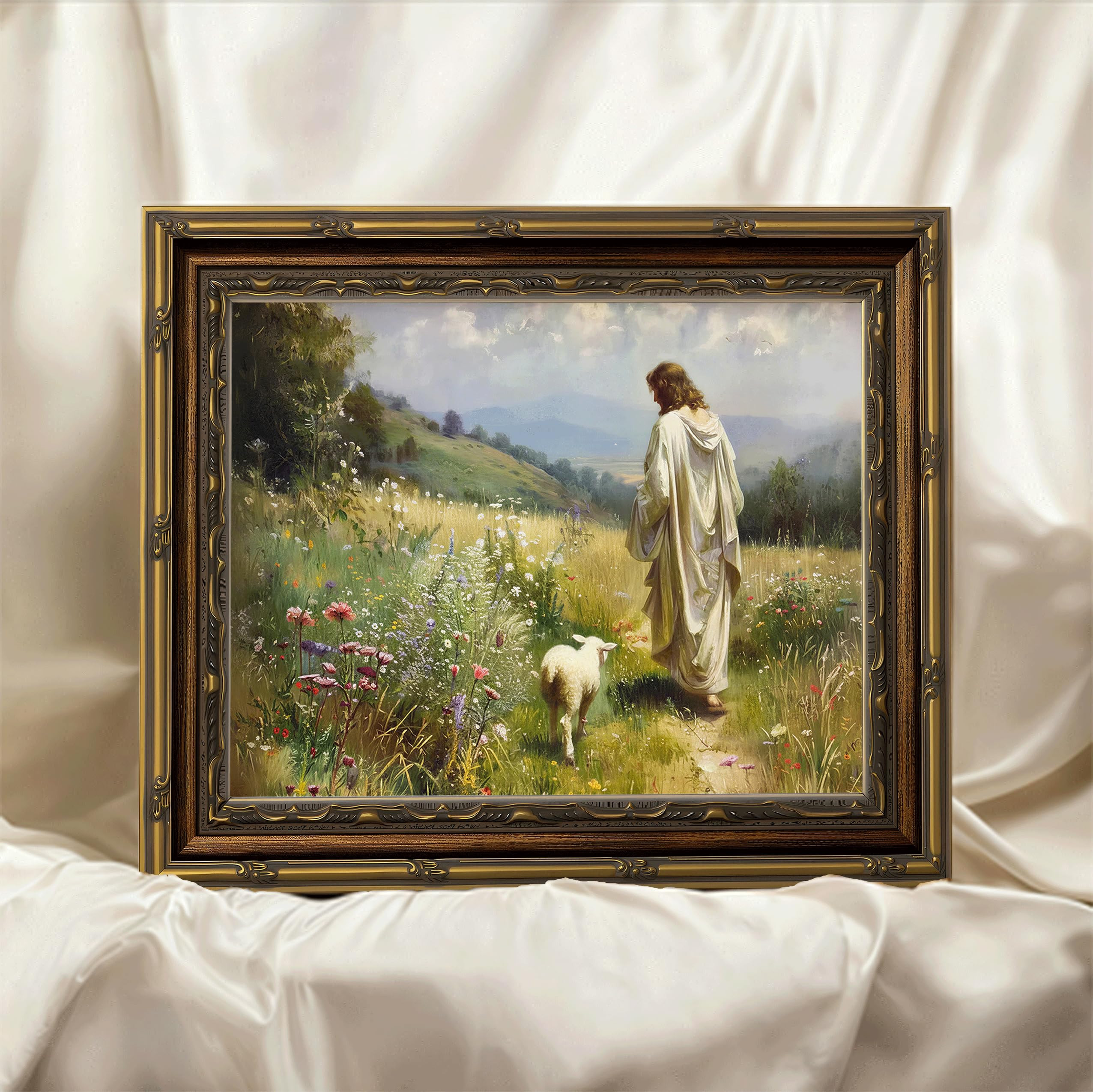 Vintage Gold Framed Jesus Leaves the 99 Sheep Canvas Wall Art Religious Christian Wall Decor The Lost Lamb Sheep Bible Stories Poster Print Painting for Living Room Bedroom Church Decorate12x16in | Amazon (US)
