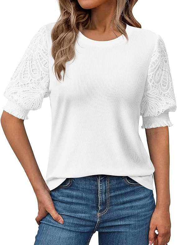 KIRUNDO Womens Blouses 2026 Casual Crewneck Going Out Tops Lace Hollow Out Puff Short Sleeve Shir... | Amazon (US)