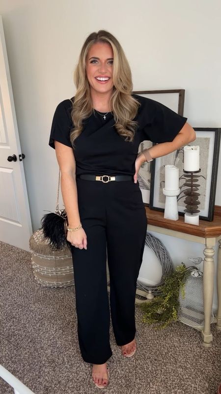 Fave jumpsuit 😍 TTS - M 
Heels tts 
Belt TTS 22-29” (I’m a 29” waist and it fits me perfectly) 
Rehearsal dinner outfit black jumpsuit flattering size 8 midsize amazon fashion prime wedding guest outfit formal outfit lbd 

#LTKwedding #LTKFind #LTKunder50