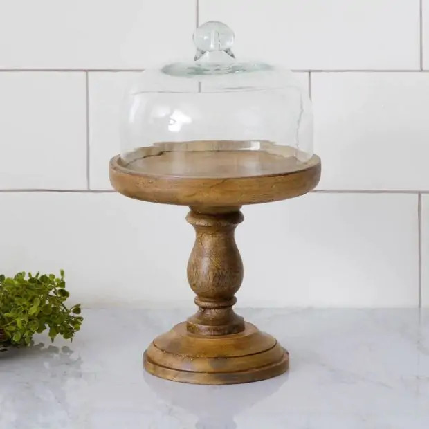 Wood Pedestal With Glass Cloche | Antique Farm House