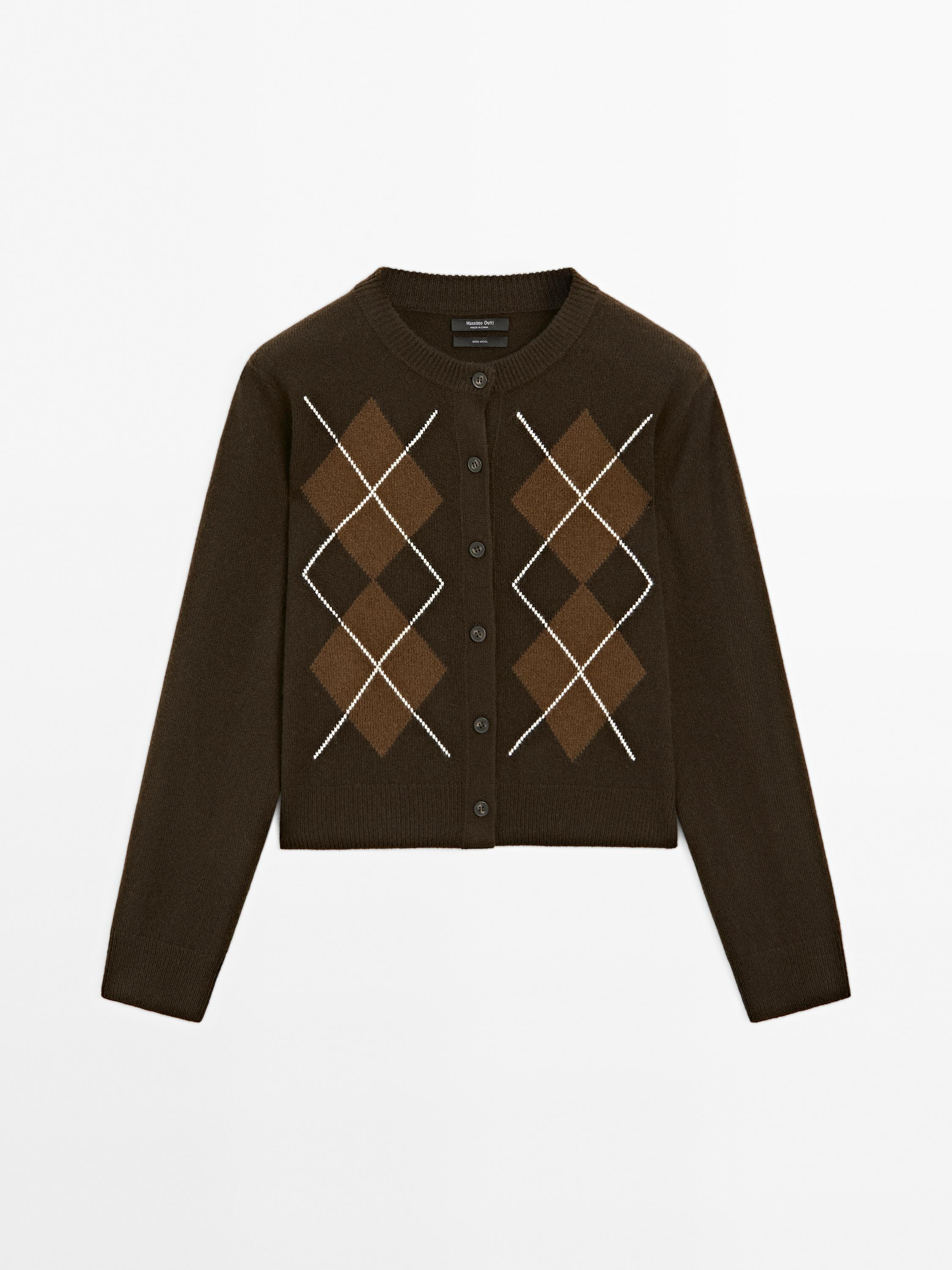 Knit cardigan with diamond detail · Brown · Tops And Other Garments | Massimo Dutti | Massimo Dutti UK