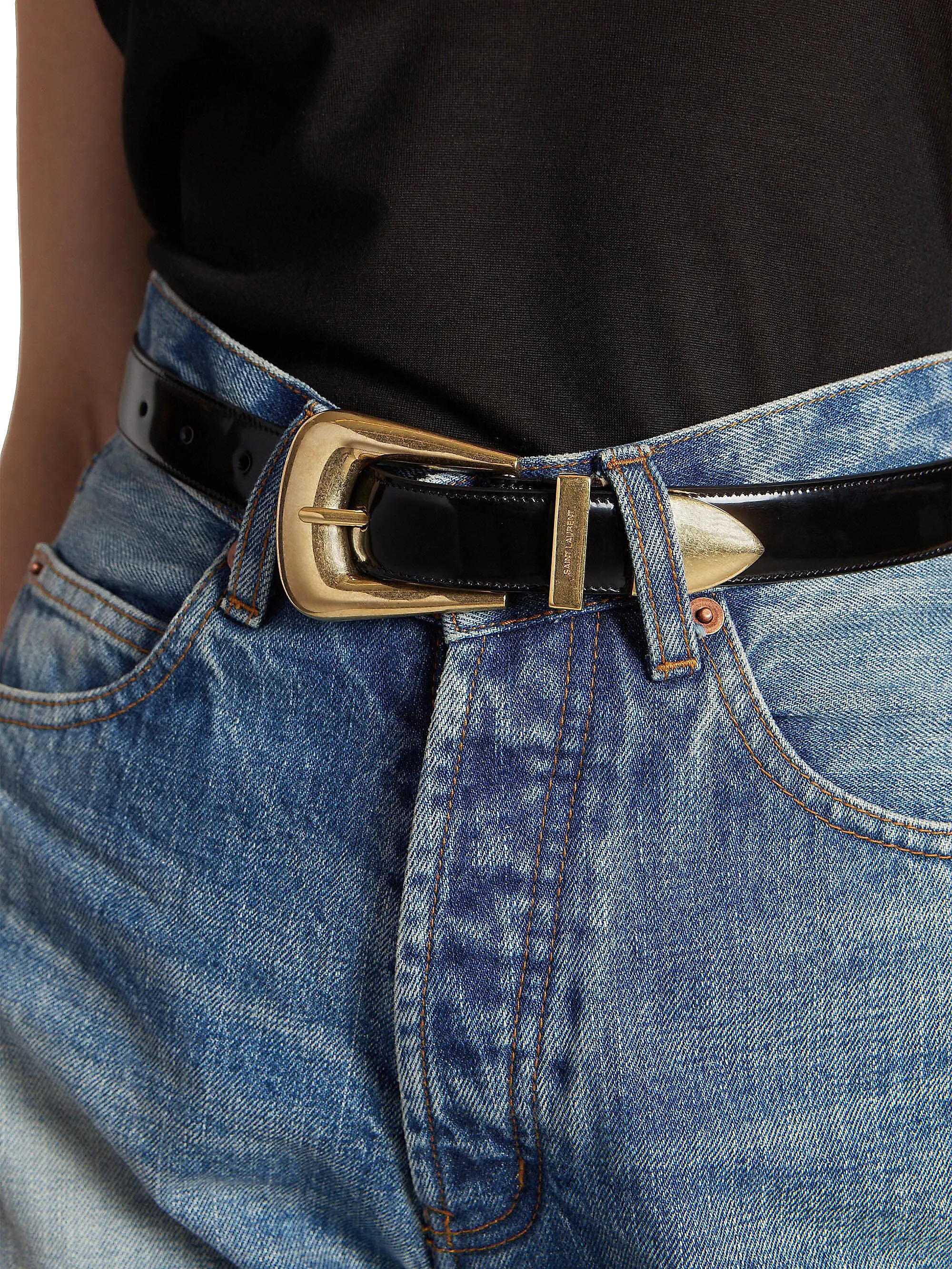 Saint Laurent Folk Buckle Belt in Brushed Leather | Saks Fifth Avenue | Saks Fifth Avenue