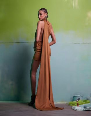 ASOS DESIGN faux suede halter mini dress with drape skirt and train in tan | ASOS (Global)