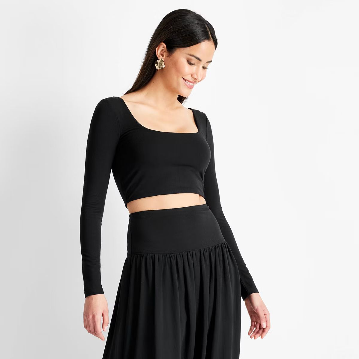 Women's Long Sleeve Scoop Neck Crop Top - Future Collective Black | Target