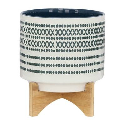 Sagebrook Home 10" Wide Patterned Ceramic Planter Pot with Wood Stand Blue | Target