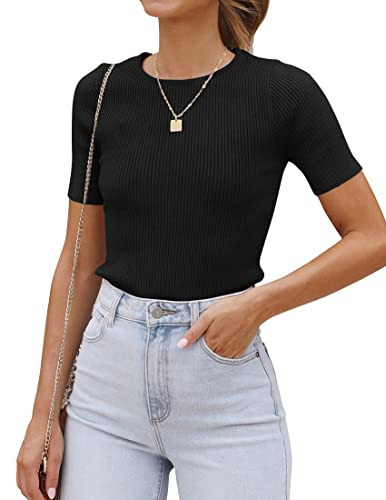 ZESICA Women's Short Sleeve Crewneck T Shirt 2025 Summer Ribbed Knit Slim Fit Basic Solid Color Tee Tops,Black,Small | Amazon (US)
