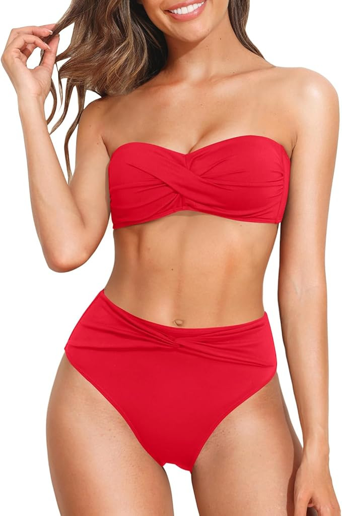 Tempt Me Women Bandeau Bikini Set Twist Strapless Two Piece Swimsuit High Cut High Waisted Bathin... | Amazon (US)