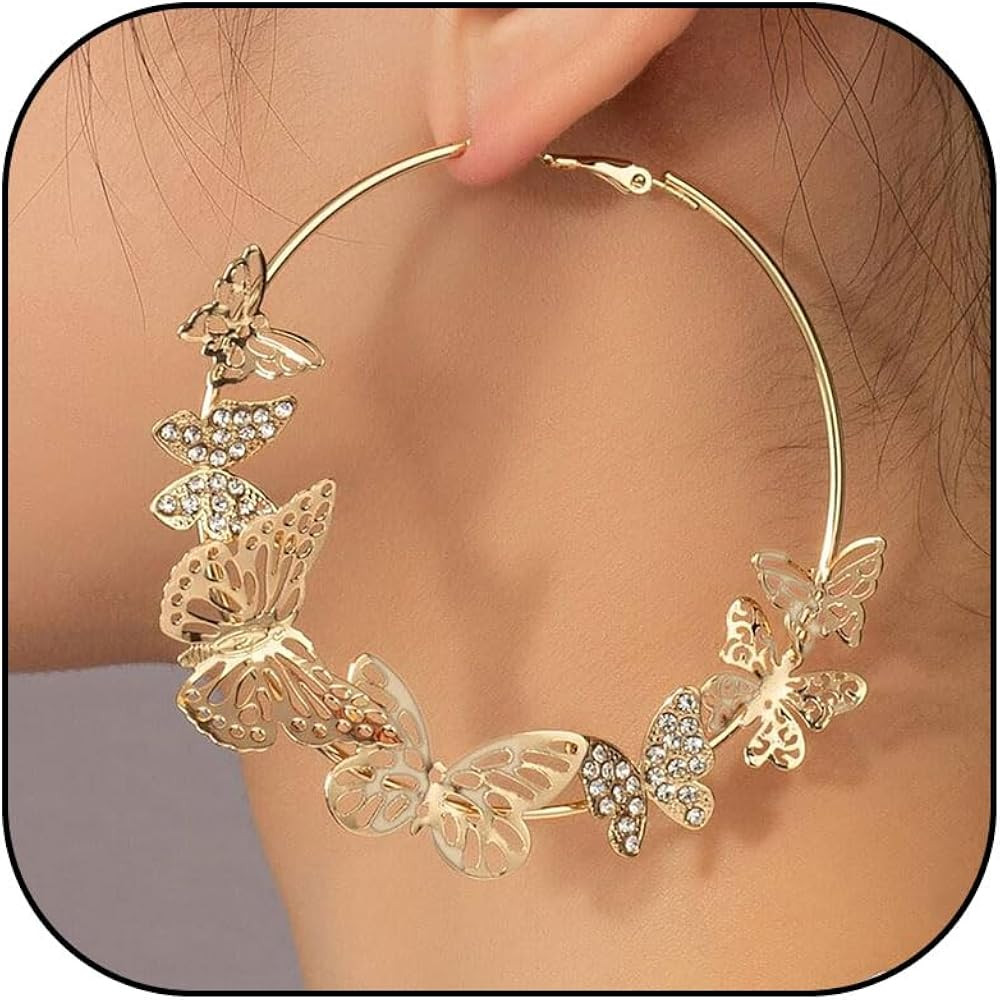 Butterfly Earrings for Women Gold Butterfly Hoop Earrings Large Rhinestone Hoop Earring Butterfly... | Amazon (US)