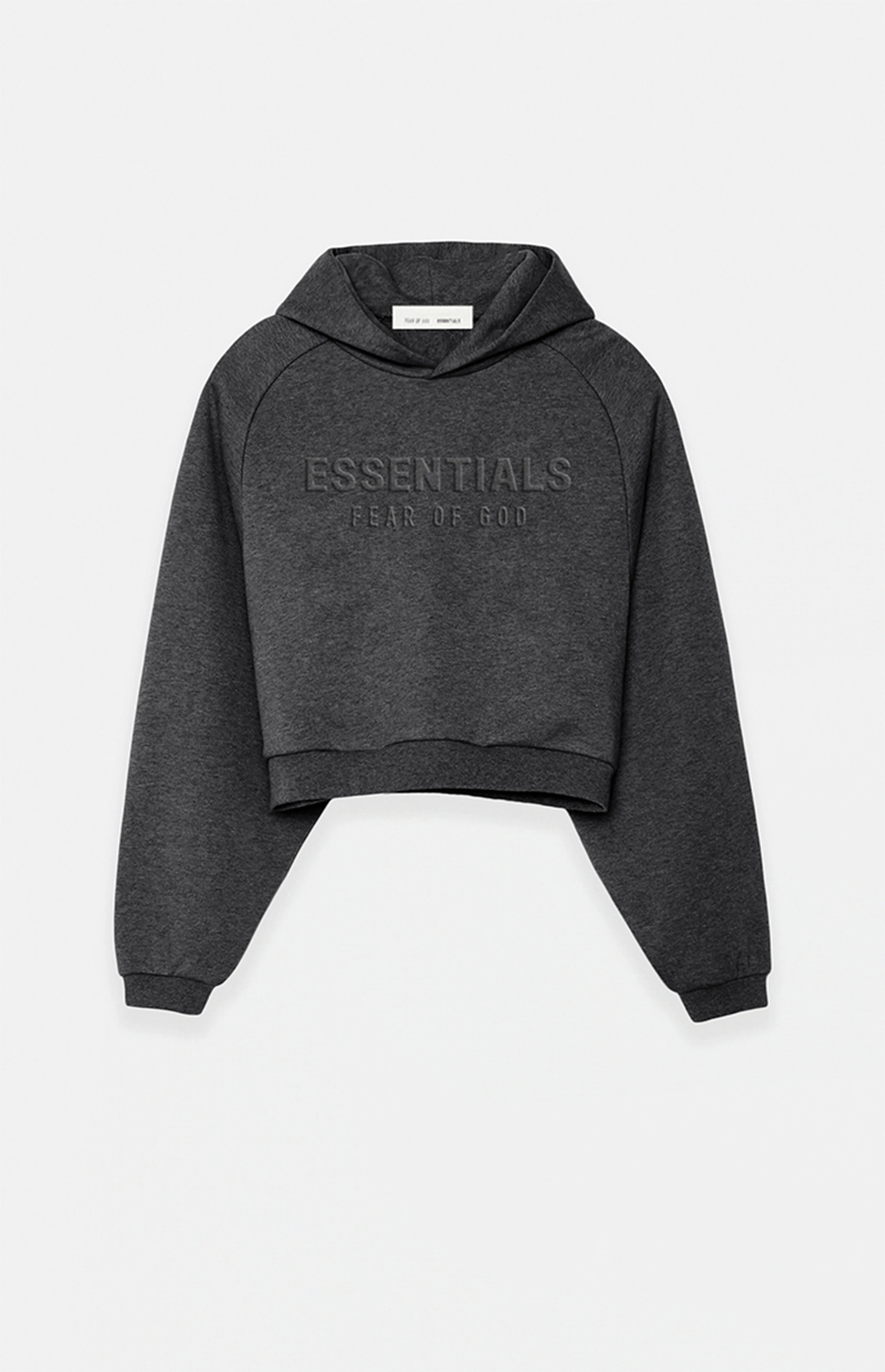 Fear of God ESSENTIALS Women's Charcoal Heather '90s Embossed Raglan Cropped Hoodie | PacSun